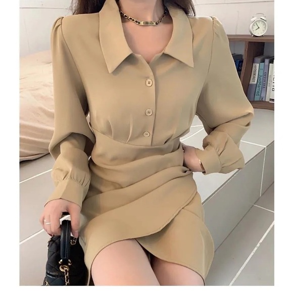 Korean Brand Tan Button-Up Long Sleeve Dress - Picture 2 of 8
